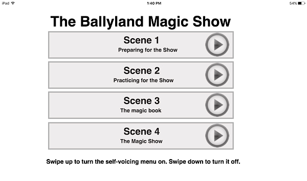 Ballyland Magic app main menu screen