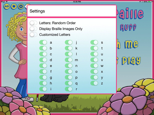 Exploring Braille with Madilyn and Ruff iPad app customizable screen