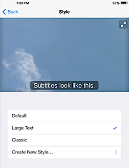 screenshot of iPad captions options in settings