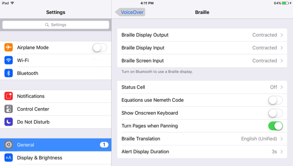 screenshot of braille settings on the iPad