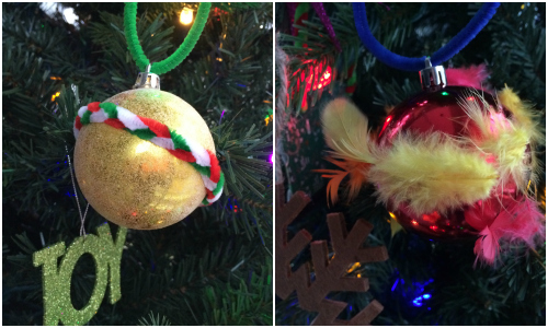 tactile ornaments made with feathers, foam stickers and pipe cleaners
