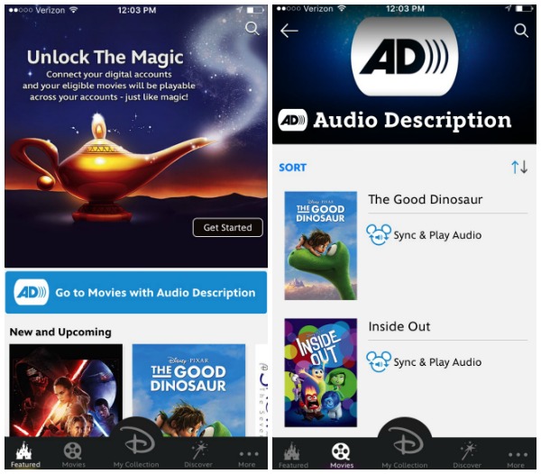 Screenshots from Disney Movies Anywhere App