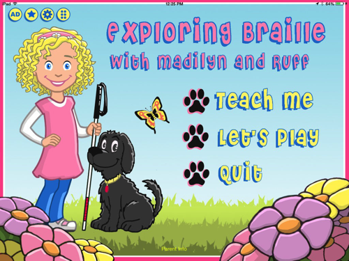 Exploring Braille with Madilyn and Ruff iPad app menu screen