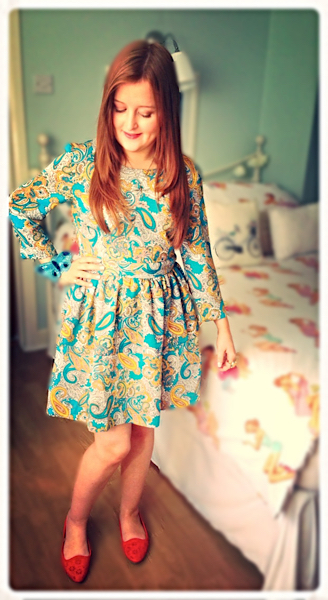 Emily Davison in a paisley dress