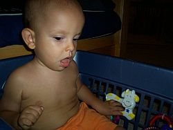 Ivan playing with the towel ring.