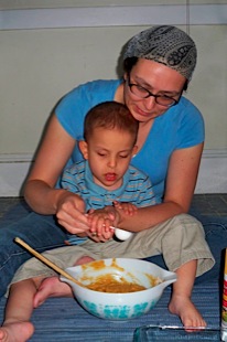 Pouring the oil.