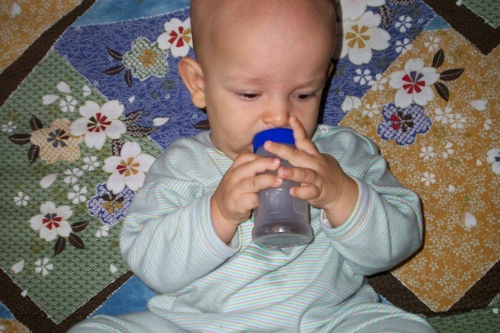 Ivan smelling his scented rattle.