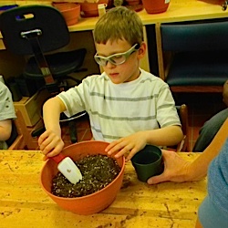 shoveling dirt into a pot