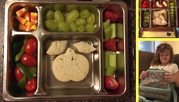 collage of bento lunches and girl with lunch bag