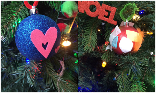 tactile ornaments made with feathers, foam stickers and pipe cleaners