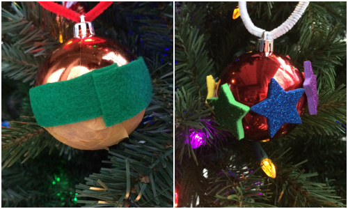 tactile ornaments made with feathers, foam stickers and pipe cleaners