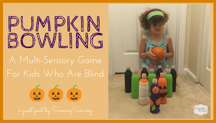 girl sits with pumpkin. text reads pumpkin bowling sensory game