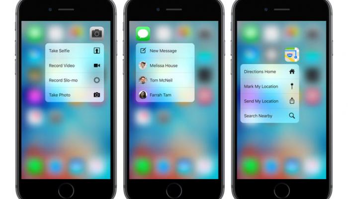 3 screenshots of the iPhone 6s with 3D Touch showing