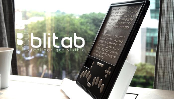 blitab braille tablet device sitting upright on table near window
