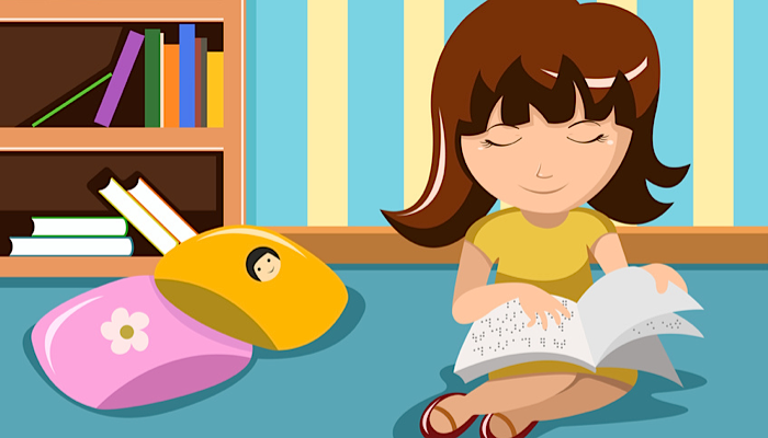 cartoon of little girl reading braille