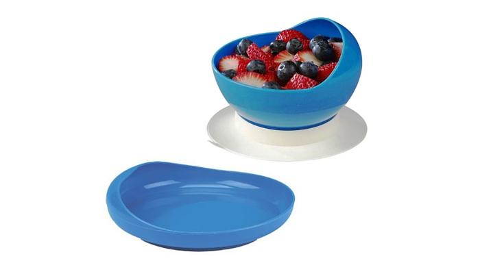 blue plate and bowl with rounded side and white suction base