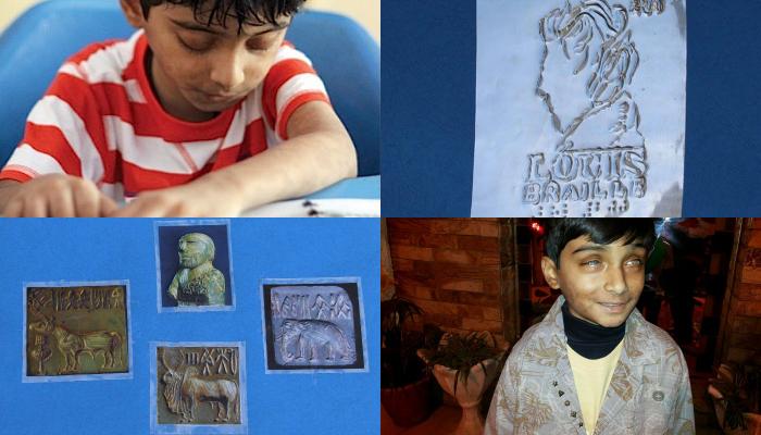 Young Pakistani boy reads braille