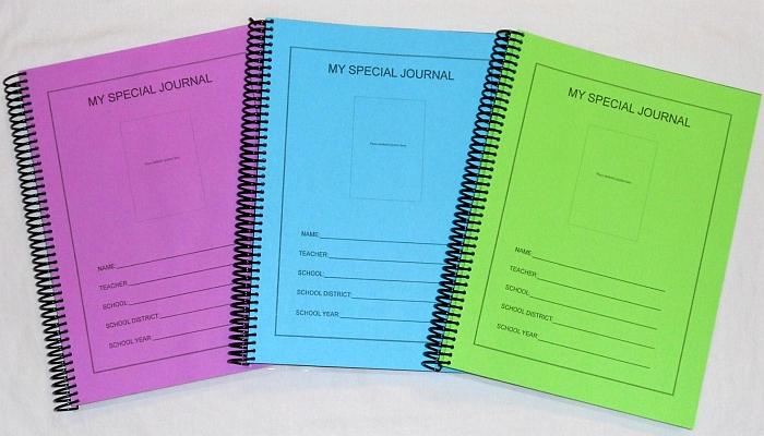 The cover of three spiral bound notebooks, in purple, blue and green