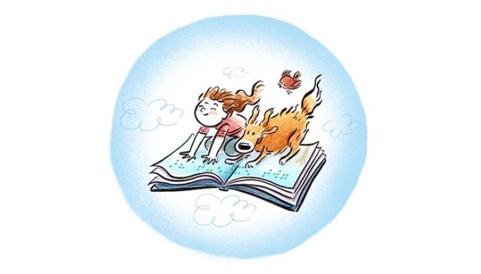 Cartoon girl lying on an open book