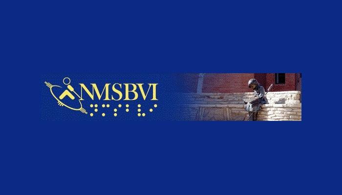 Yellow letters NMSBVI on blue background with braille dots beneath each letter
