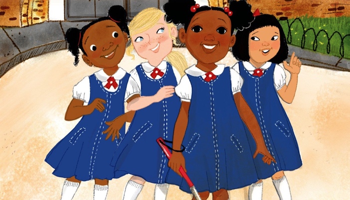 Illustration of four girls in school uniforms, the front girl holding a white cane