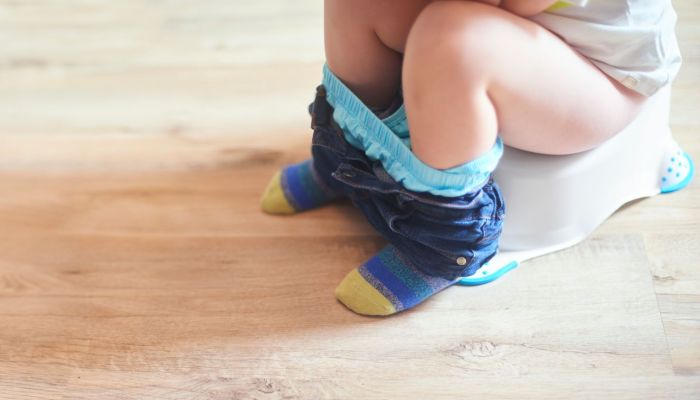 Toddler sitting on his potty as he starts his potty training.