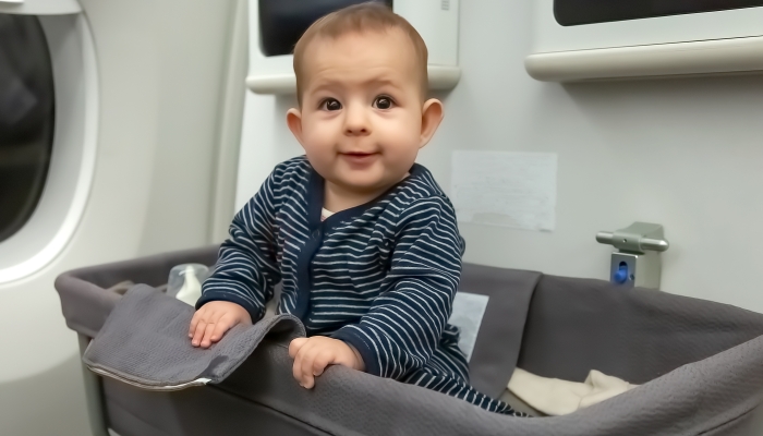 Baby in a portable bassinet.