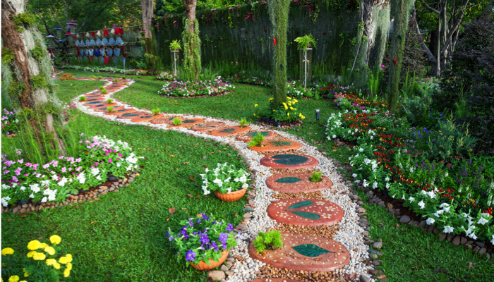 A stepping stone path in a sensory garden.