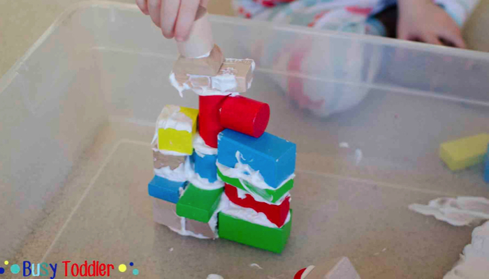 Shaving cream blocks sensory table idea.