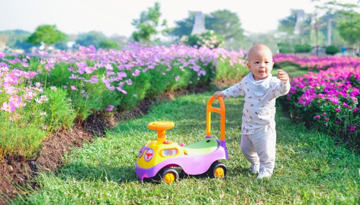 Cute Asian 11 months old toddler baby boy with learning walker car toy.