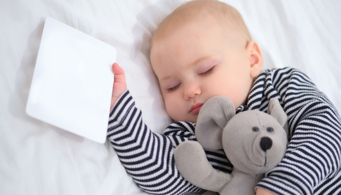 A sleeping baby with a favorite soft toy mouse and a white card in his hand.