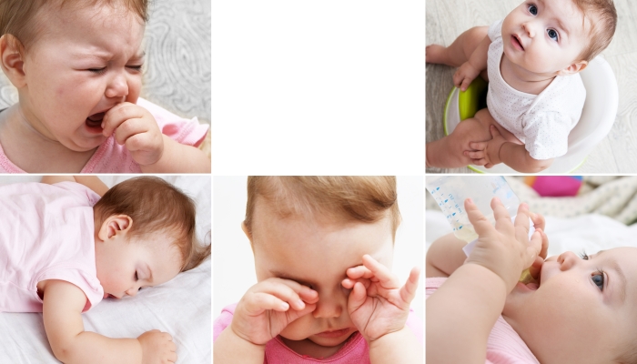 Collage infant baby sleeps, plays, cries, sits on a pot, eats.