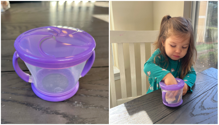 Snack Catcher 2 Pack Pink Purple Spill Proof Toddler Snack Container With  Soft Flaps, Facebook Marketplace