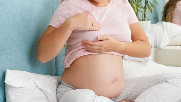 Young pregnant woman with big belly checking and touching her breast before lactation.