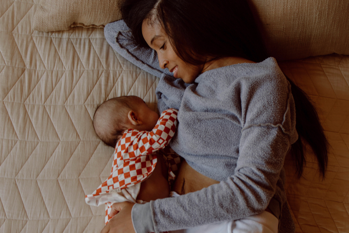 Mom and baby wearing Bonsie babywear.