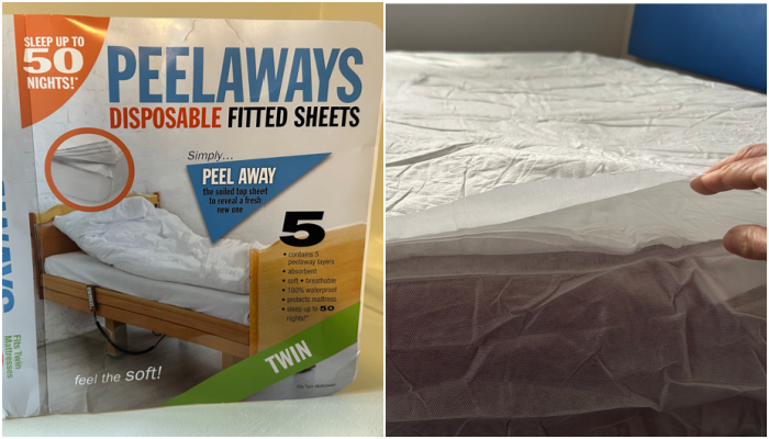 Peelaways package and placing the sheets on the bed.