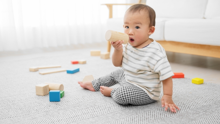 Baby playing with building blocks rubbing into his face.