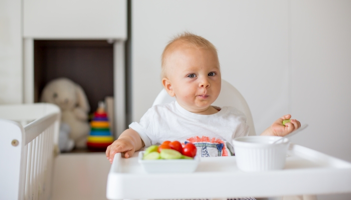 Sweet baby child, boy, eating mashed food and fresh vegetables, sitting in high baby chair in kids room.