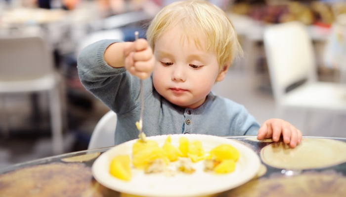 Toddler boy eating in cafe.