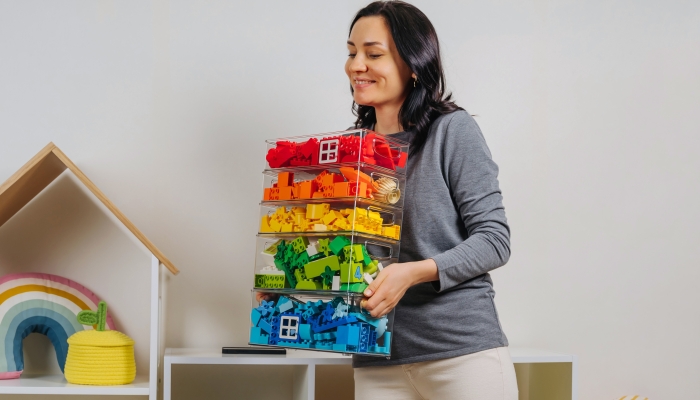 Young woman is holding storage boxes toys.
