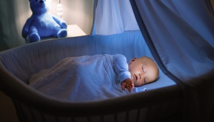Adorable baby sleeping in blue bassinet.