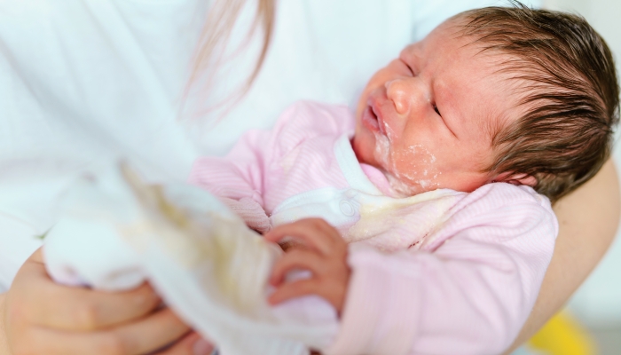 newborn infant girl vomiting milk after eating.