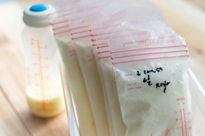 Breast milk frozen in plastic storage bags for baby.