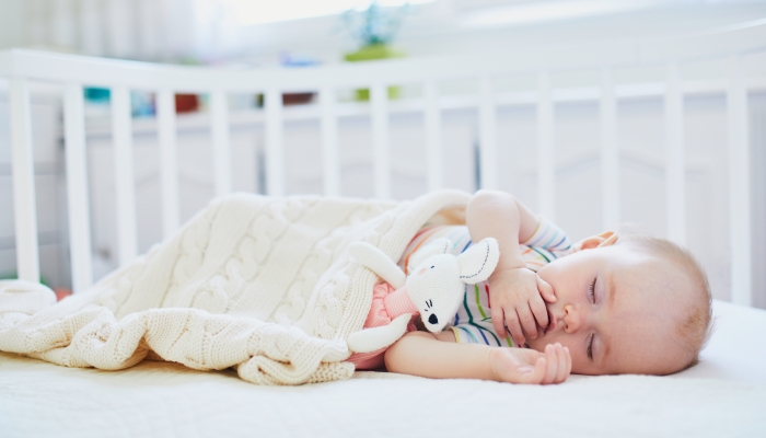 Adorable baby girl sleeping in co-sleeper crib attached to parents' bed with stuffed toy. Little child.