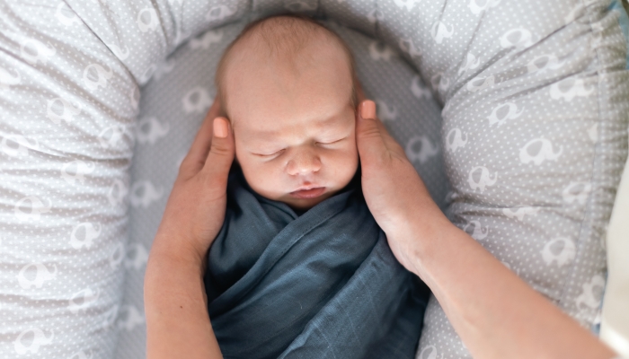 Newborn baby boy sleeping and swaddled in blue cloth lying in grey nest.