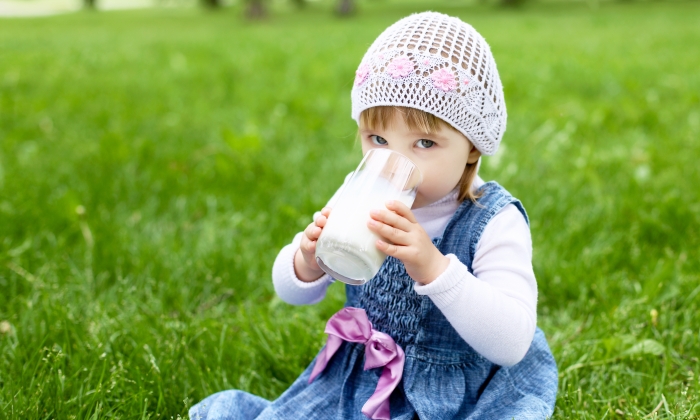 Portrait of a happy little girl drinking milk in the park.