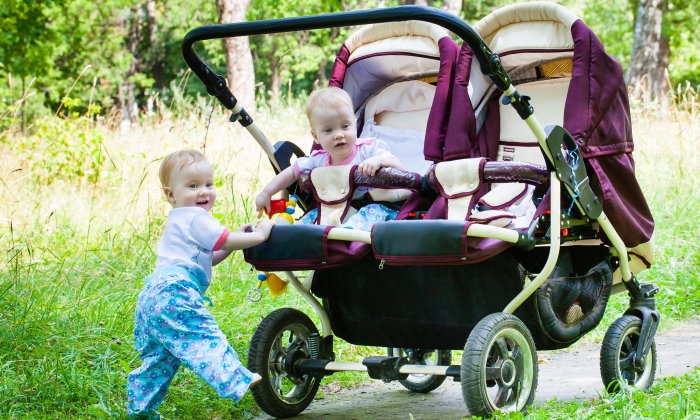 Two gorgeous girls twins walking on green grass with pleasure on a double buggy.