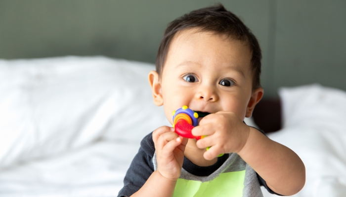 Adorable nine month old child chewing a toy.