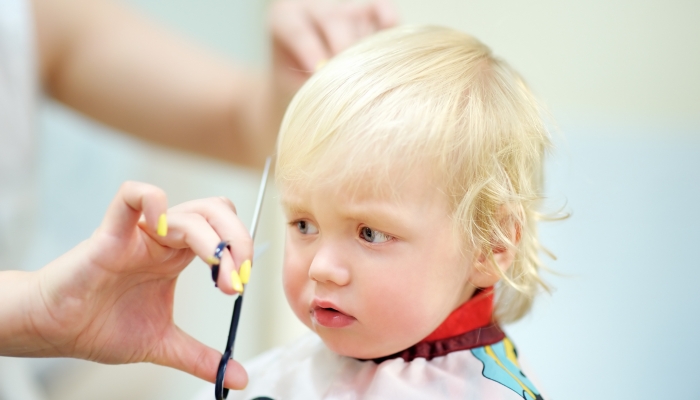 Toddler child getting his first haircut.