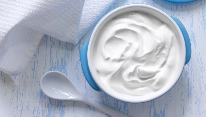 Greek yogurt in a blue bowl
